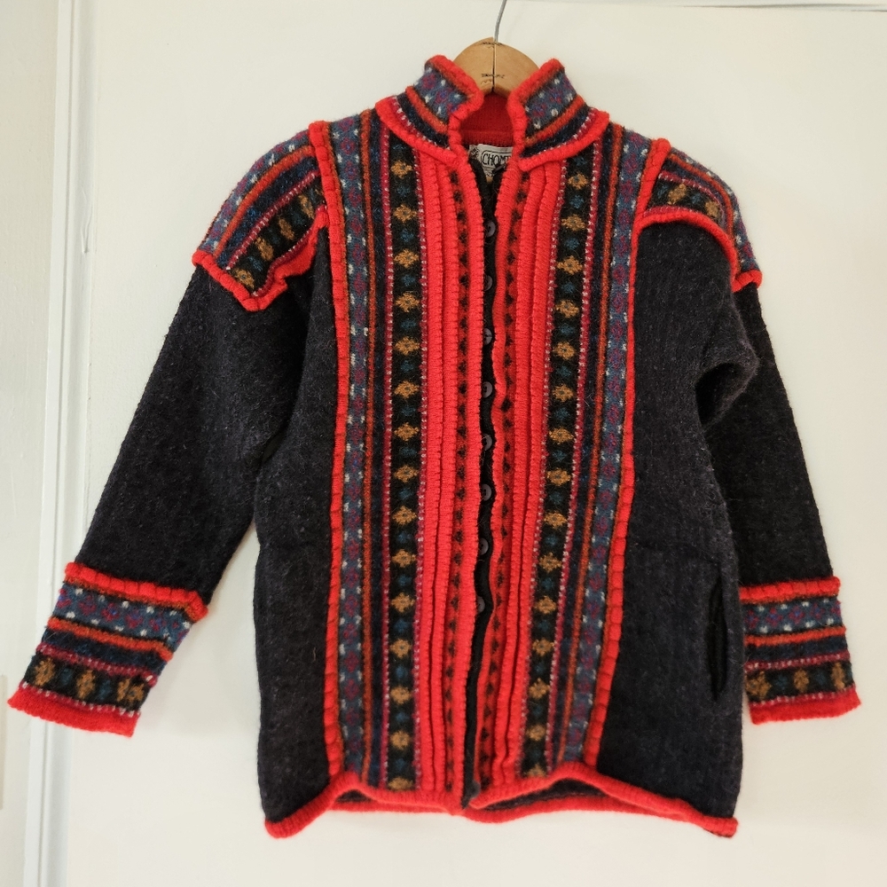 Chompas Womens Sweater Cardigan VTG Alpaca Handloomed Cottage Artsy Fair Isle M